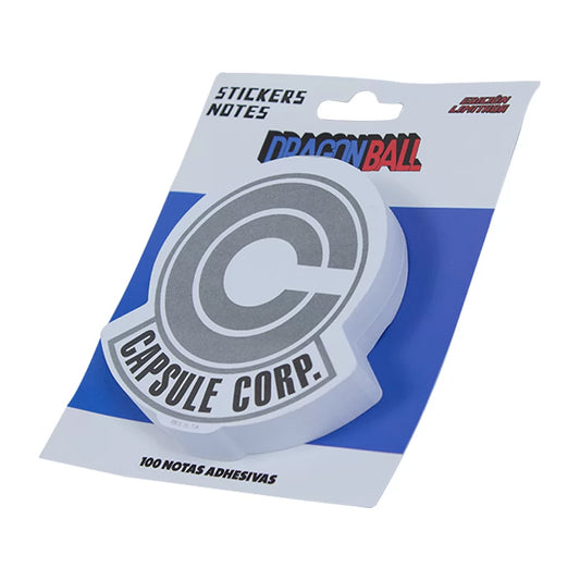 Bloc de notas adhesivas con diseño del logo de Capsule Corp de Dragon Ball. Empaque azul y blanco con 100 hojas. Edición limitada oficial.