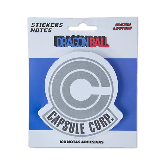 Vista lateral del bloc de notas adhesivas de Capsule Corp. Producto oficial de Dragon Ball con empaque azul y 100 hojas adhesivas.