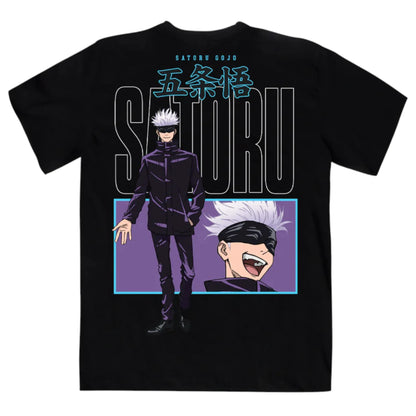 Playera oversize con ilustración de Satoru Gojo de Jujutsu Kaisen en la parte trasera