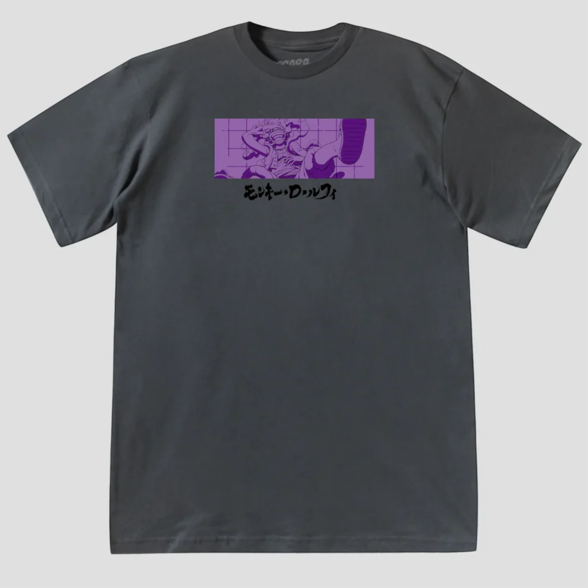 Vista frontal de la playera oversize de Luffy Gear 5 de One Piece, con ilustración violeta del personaje.