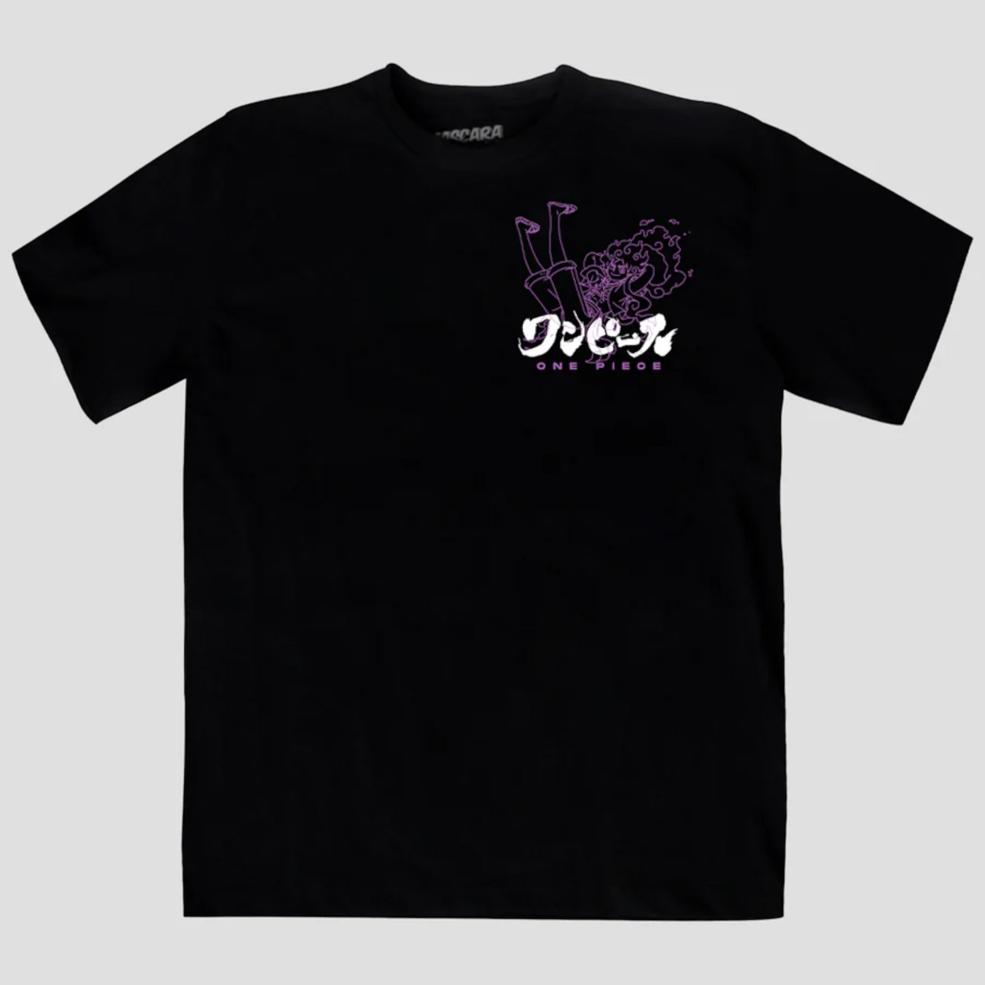 Playera oversize negra con diseño frontal de Luffy en Gear 5 de One Piece con detalles en morado