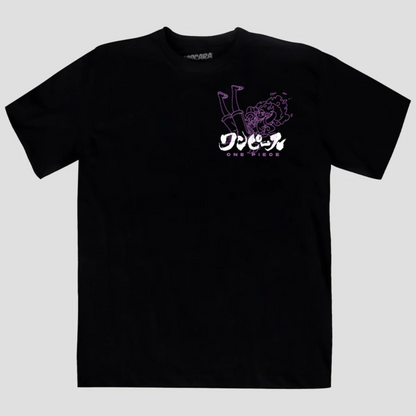 Playera oversize negra con diseño frontal de Luffy en Gear 5 de One Piece con detalles en morado