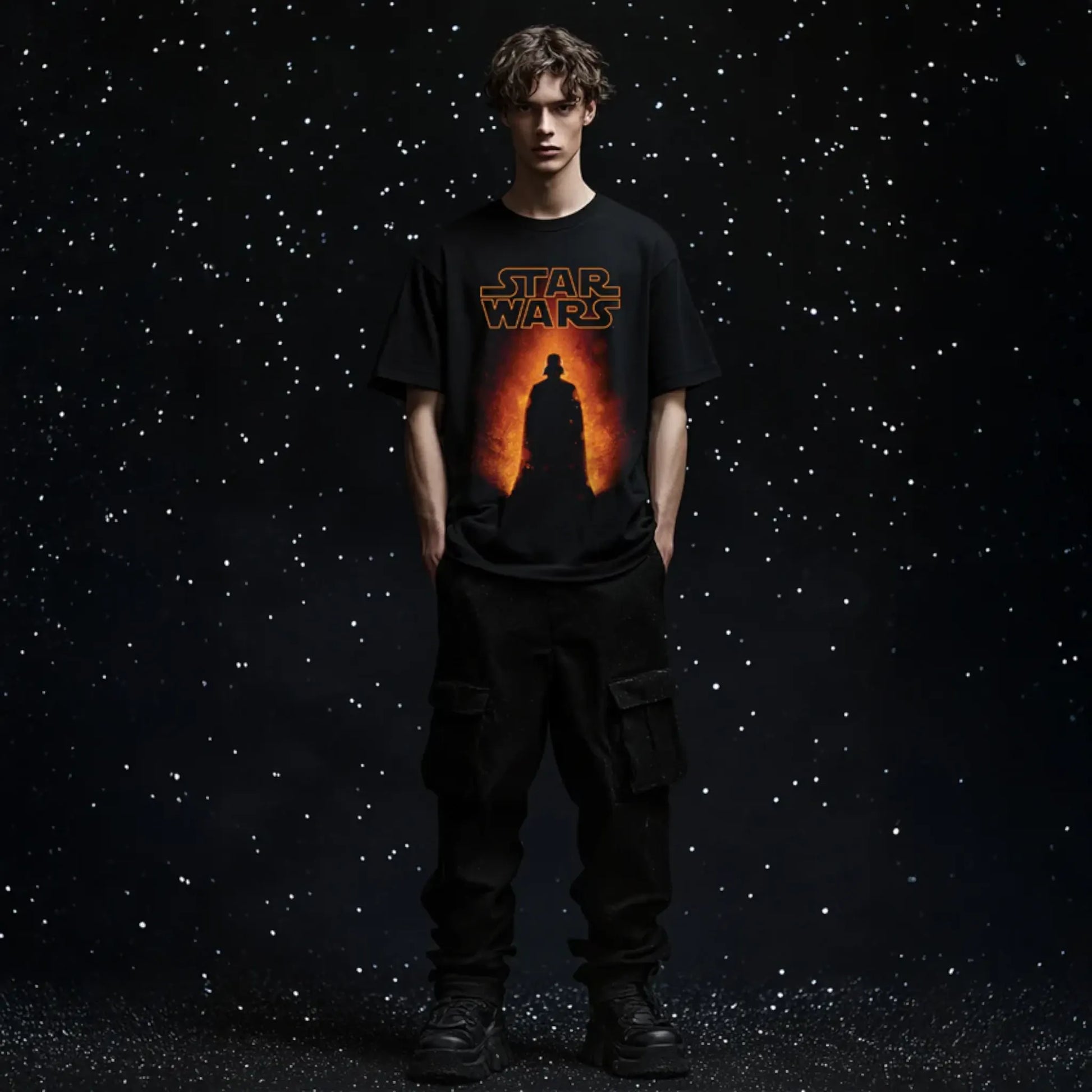 Modelo masculino con playera oversize de Star Wars con ilustración de Darth Vader en silueta incandescente