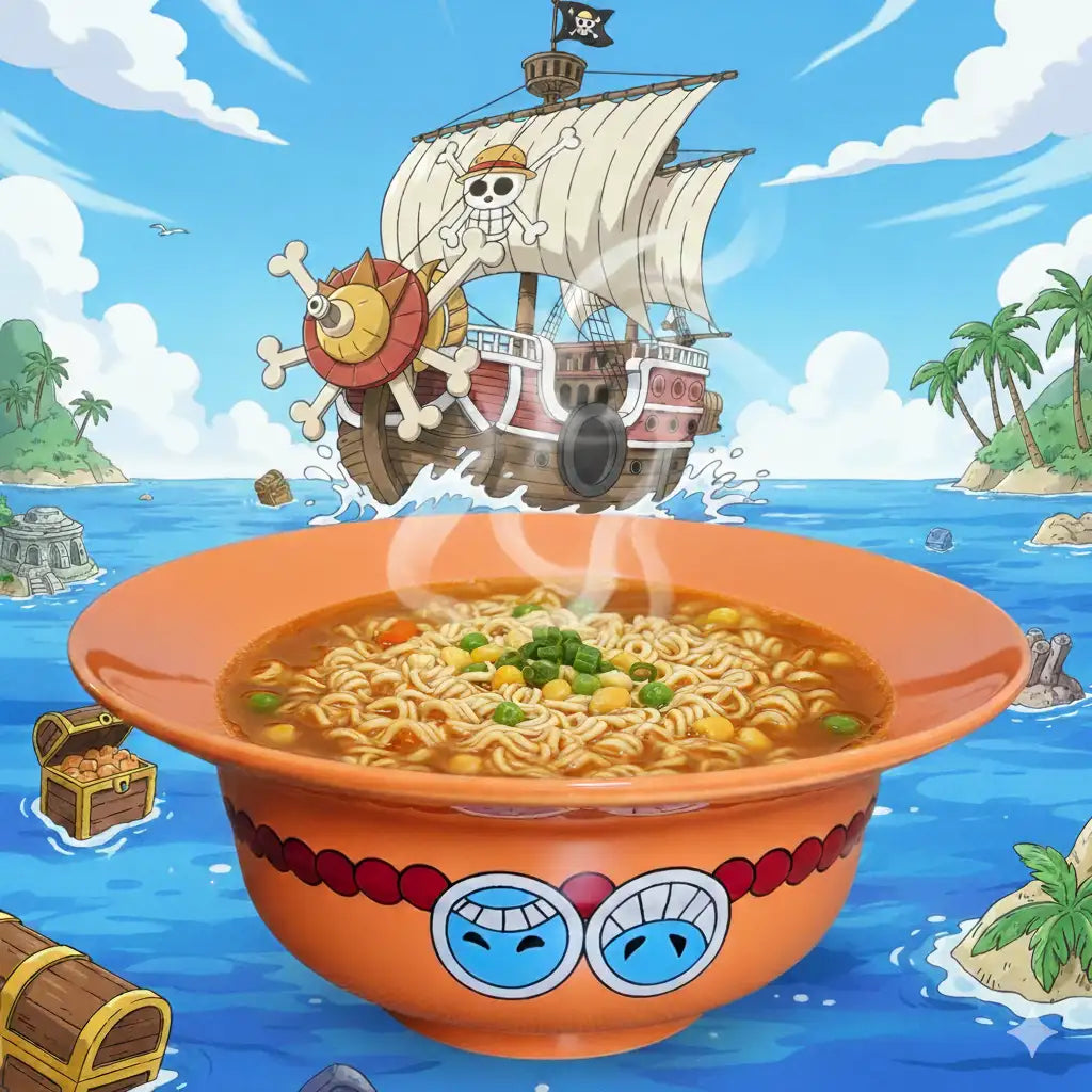 Ramen Bowl One Piece Sombrero De Ace Palillos Cerámica Naranja