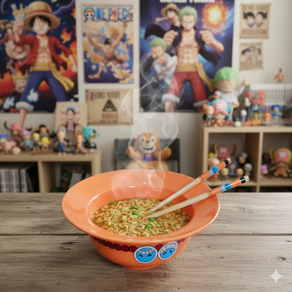 Ramen Bowl One Piece Sombrero De Ace Palillos Cerámica Naranja