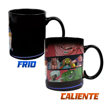 Taza mágica de Dragon Ball Z con diseño oculto de villanos al estar fría y revelado con agua caliente