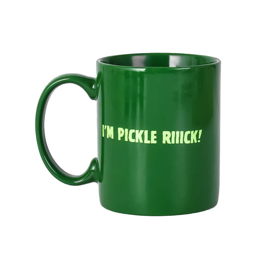Vista trasera de la taza Pickle Rick con la icónica frase “I’m Pickle Riiick!”.