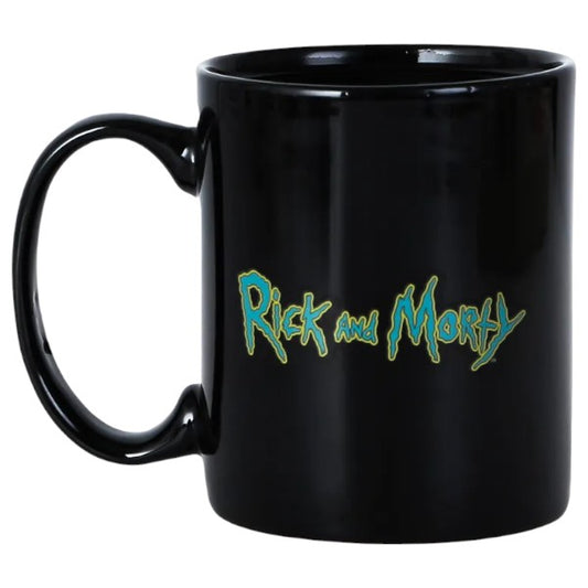 Parte trasera de la taza mágica con el logo de Rick and Morty en letras verdes
