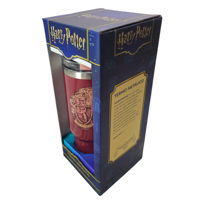 Termo metálico de Gryffindor en caja oficial de Harry Potter, vista lateral con especificaciones