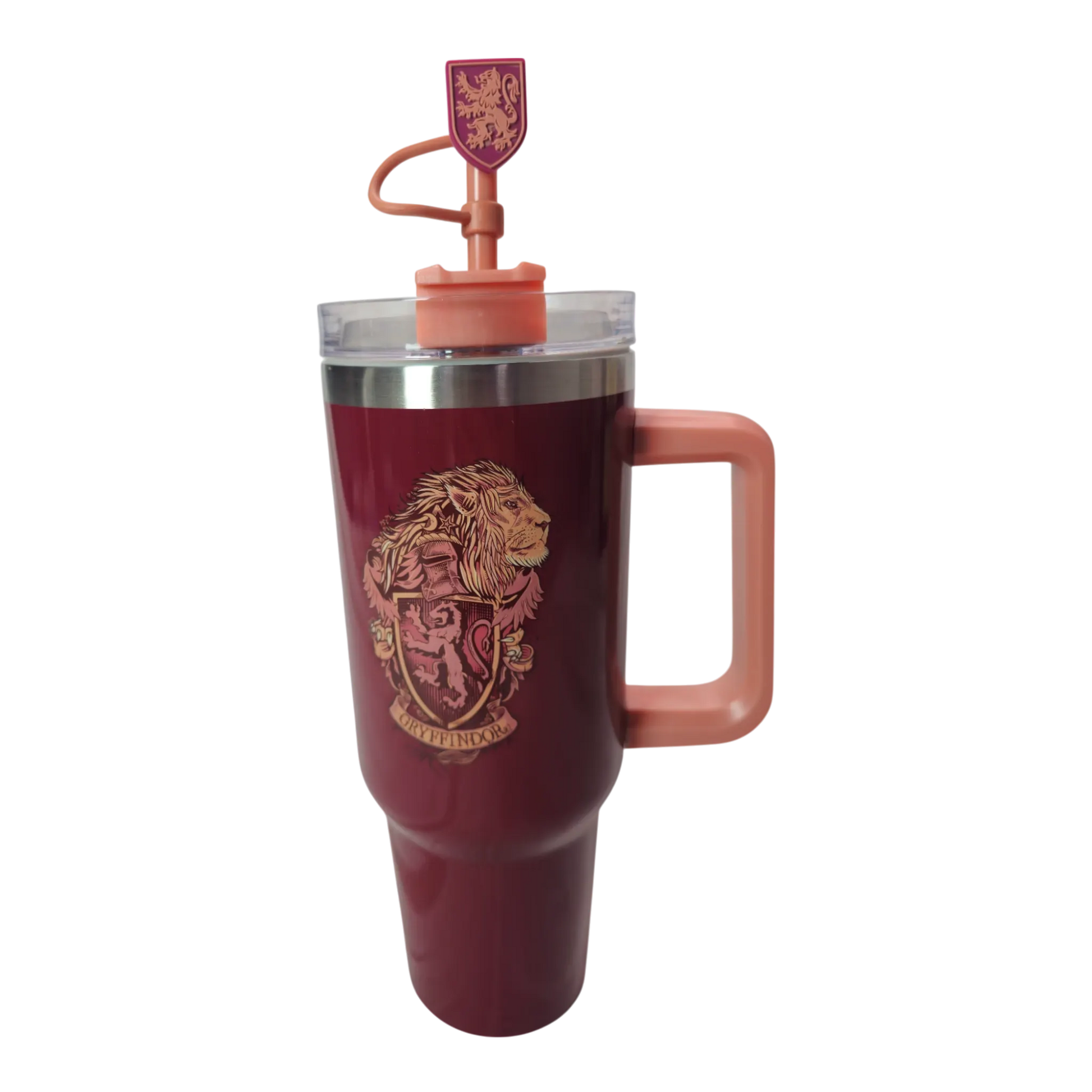 Vista frontal del termo metálico Gryffindor con tapa y popote decorado