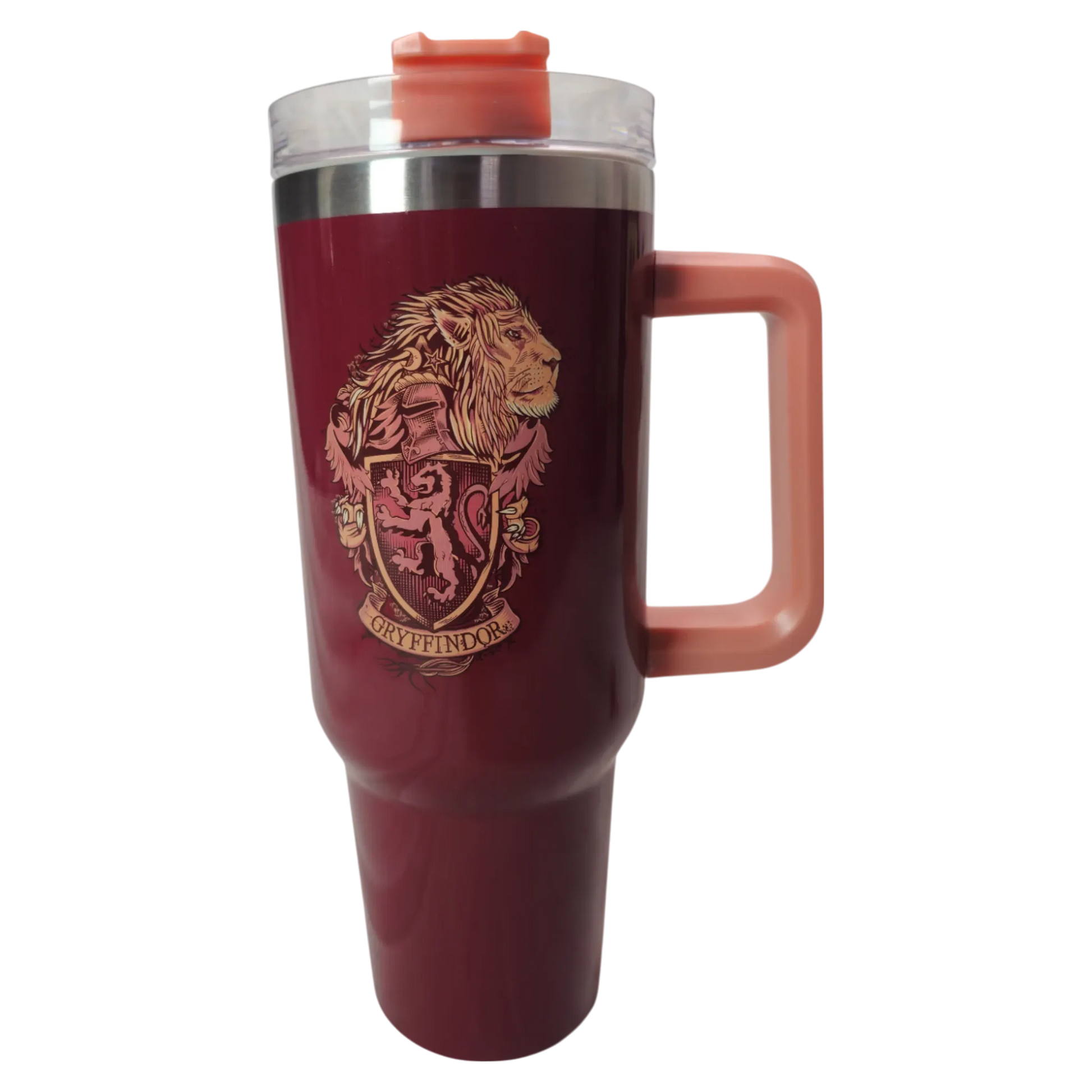 Termo Gryffindor sin popote, mostrando el diseño del escudo y la tapa transparente