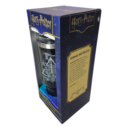 Vista lateral de termo Harry Potter en caja oficial con advertencias y capacidad