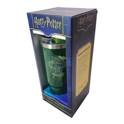 Termo metálico Slytherin en caja oficial vista lateral con descripción del producto